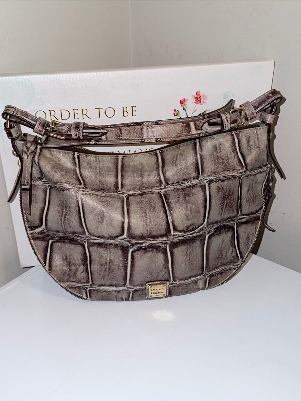 Vintage Dooney & Bourke Croc-Embossed Crescent Shoulder Bag in Grey